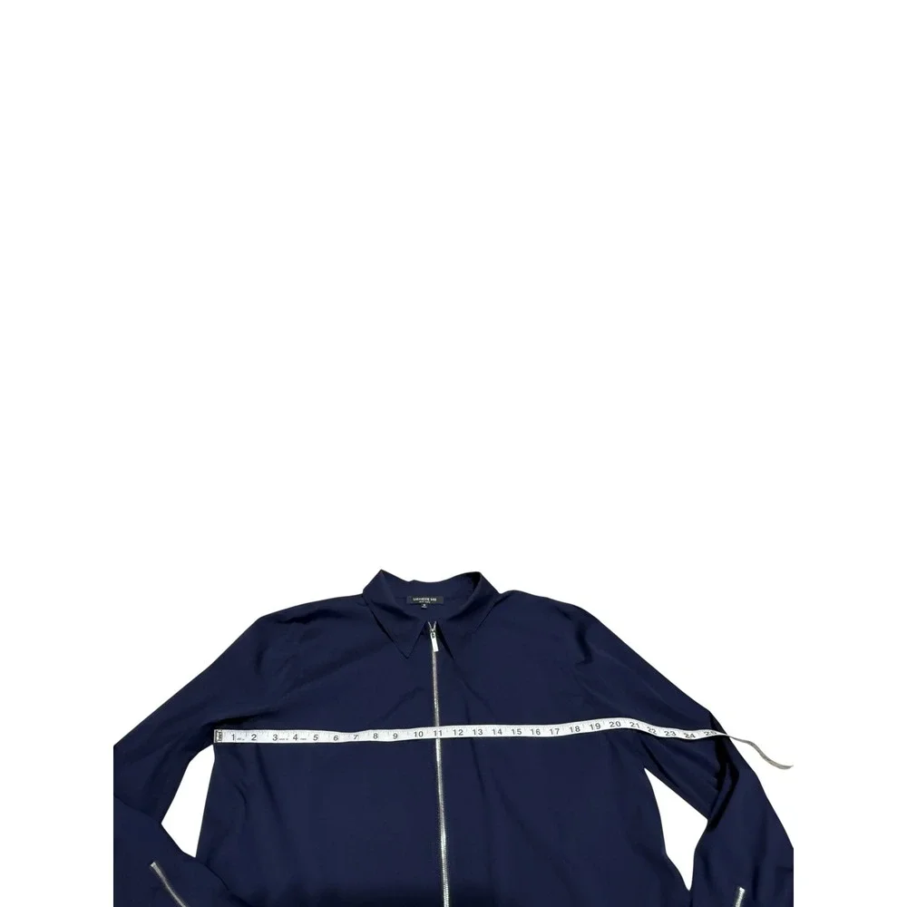 Lafayette 148 New York Zip Front Blouse Sz 16 Navy Stretch Cotton Collared Top - Picture 11 of 14